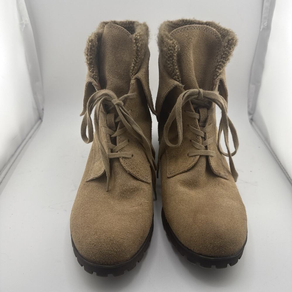 LUCKY BRAND Huntress Lace Up Ankle Boots Tan w/ knit collar Size 9 M/ EU 39 EUC - Picture 2 of 6